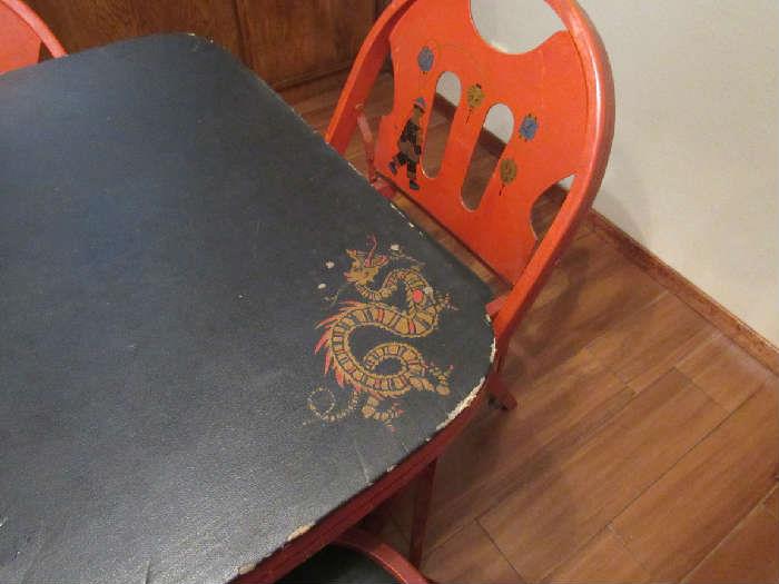 Vintage table has dragon and hand painted chairs