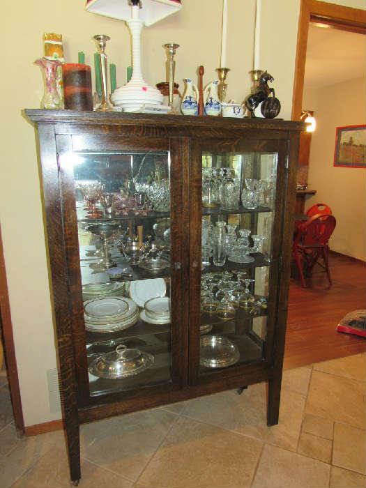 Antique Display Cabinet with china, silver and glassware