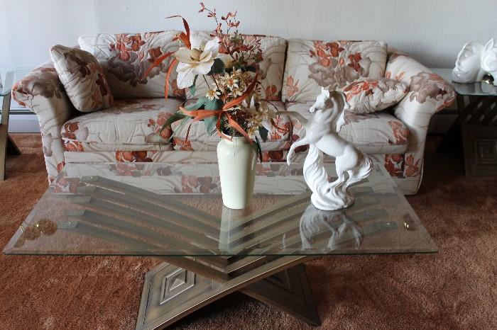 GLASS TABLE, VASE, HORSE, NICE COUCH