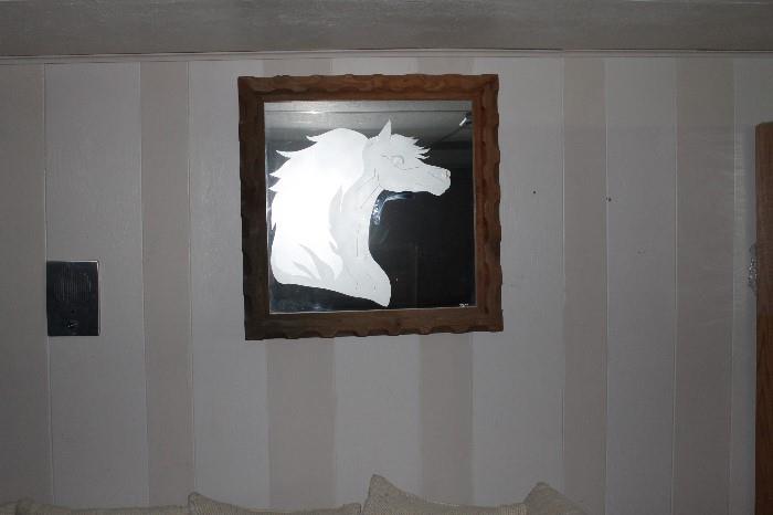 ETCHED HORSE ON MIRROR
