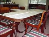 1940s double pedestal table, mahogany, and 12 chairs--6 of each in two styles