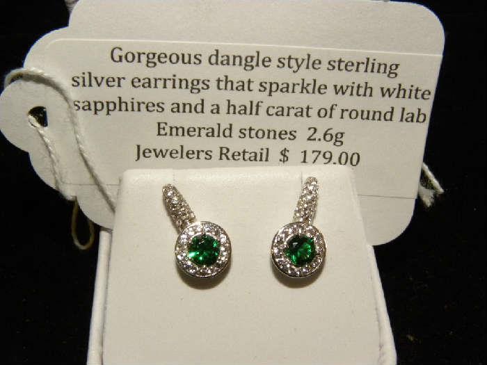 Sterling silver earing with white sapphires and round  lab emeralds