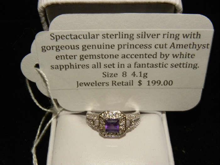 White Sapphire and Princess Cute Amethyst Sterling Silver Ring