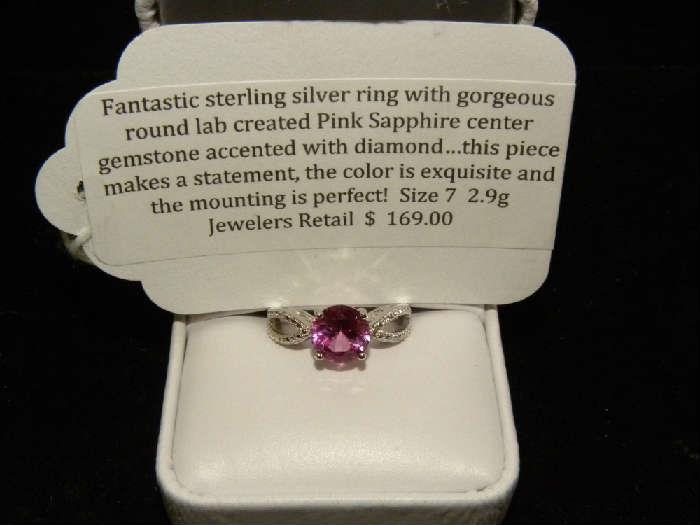 Sterling Silver Diamond and Pink Sapphire Ring
