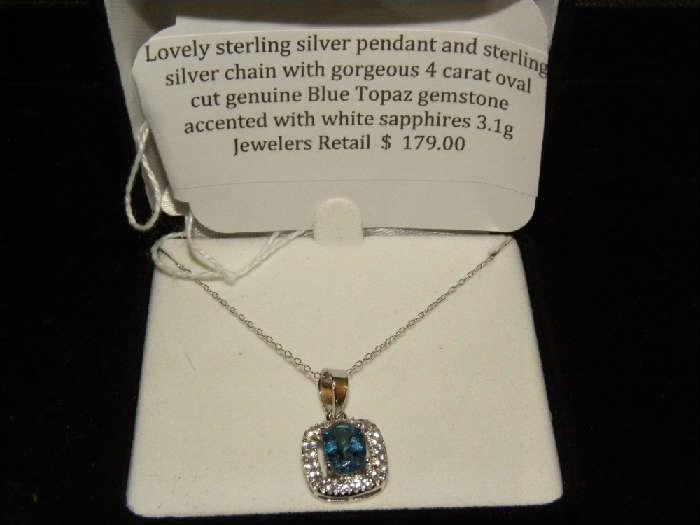 Sterling Silver Pendant and Chain with Blue Topaz Gemstone