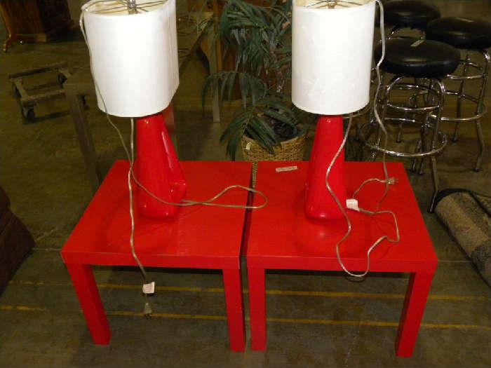 Red end tables and red lamps