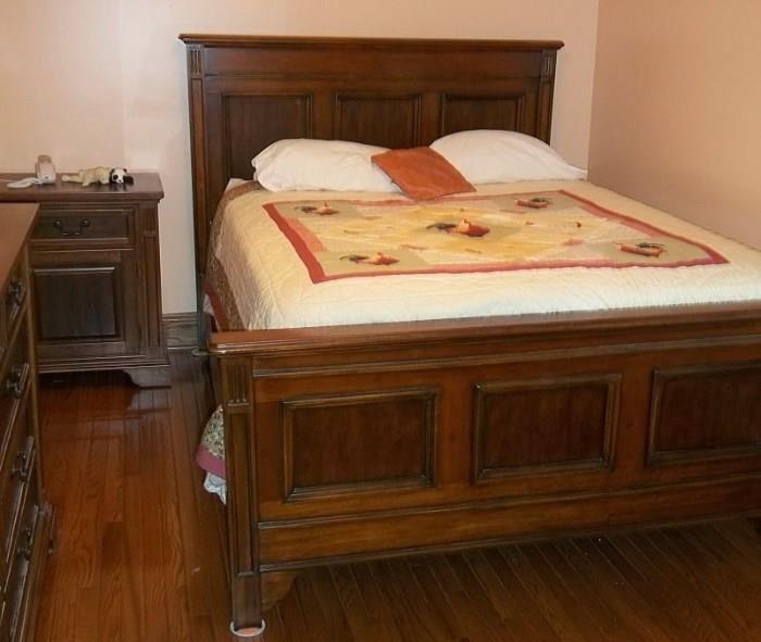 Stunning contemporary 2-tone wood queen bedroom set by Universal Furniture (John M. Smythe, Toms-Price) includes panel headboard bed, nightstand, long dresser with mirror and tall chest--see following photos.