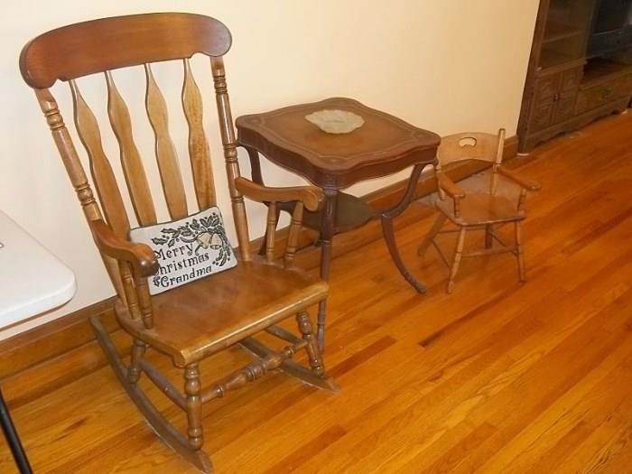Solid wood rocker, vintage table and child's chair.