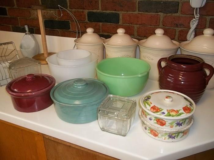Weller burgundy stoneware casserole, Glasbake for Sunbeam batter and mixing bowls, unmarked jadeite mixing bowl, Harker 3 pc covered dish.