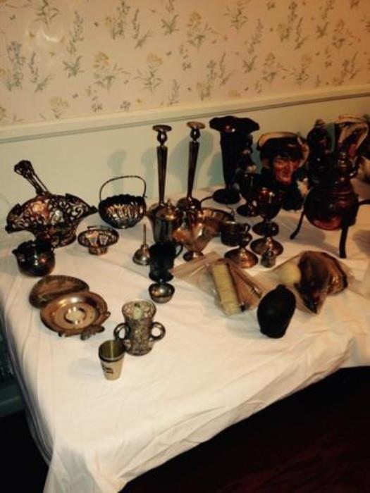 silver, brass, glass, candle holders, baskets, more
