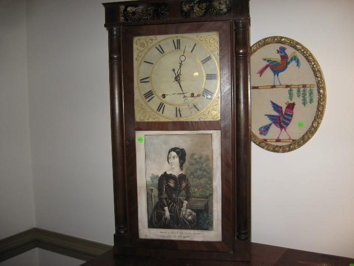 Eli Terry wooden works clock, 1830, working, replaced mirror-documentation inside case