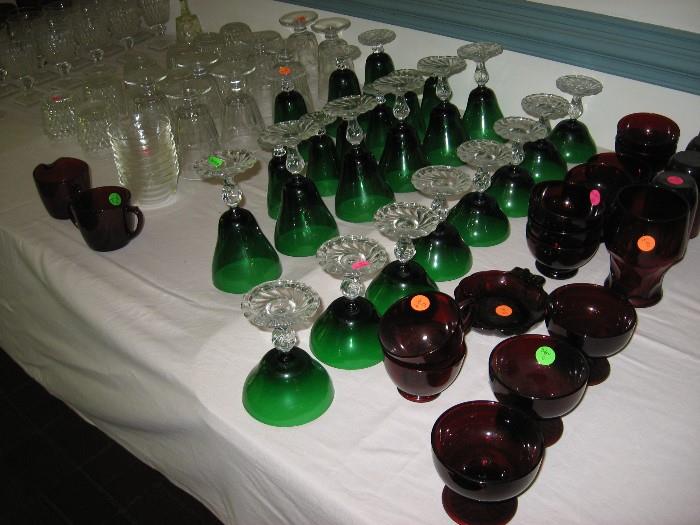Ruby glass and while it looks like Jewel Tea glasses, believed to be Old Colony green