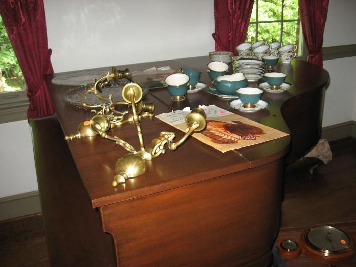Piano, playing condition poor, but if you want to make a statement, this makes a good one, brass sconces, Flintridge coffee cups