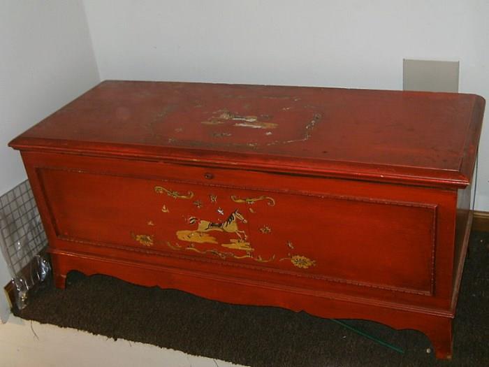Vintage Lane cedar chest with painted horse detail. Serial number dates it to 1953.