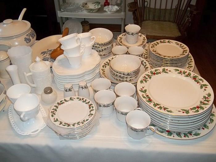 Milk glass and lovely holiday china set.