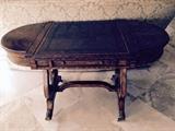 MAITLAND SMITH GAME TABLE WITH LEATHER TOP CONCEALING PLAYING SURFACES, LYRE FORM BASE