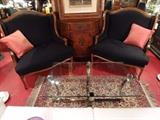 PAIR BLACK UPHOLSTERED LOUIS XV CHAIR AND A HALFS WITH NAILHEAD TRIM