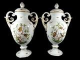 PAIR LARGE HEREND PORCELAIN URNS, ROTHSCHILD BIRD PATTERN, WITH LIDS