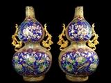 PAIR CHINESE CLOISONNE GOLD GILT DUAL GOURD URNS