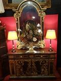 FERGUSON COPELAND ITALIANATE SIDEBOARD WITH ELABORATE GOLD PAINTED FOLIATE DESIGNS, LEATHER TOP, MIRROR SOLD SEPARATELY