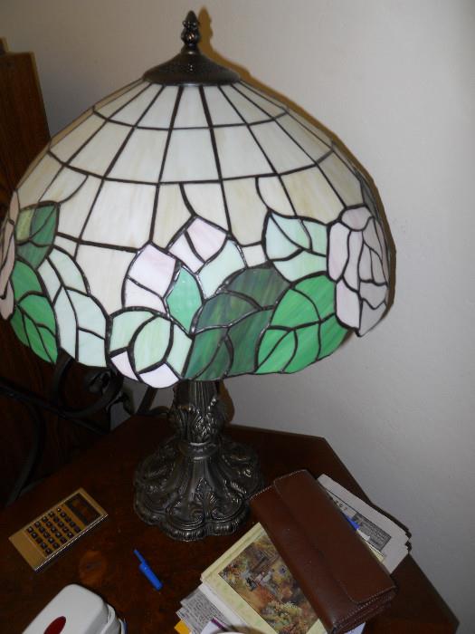 Tiffany Style Lamp - Green and White Lamp Shade, Stain Glass, Bronze Stand