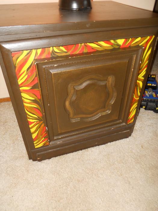 Interesting Vintage Cube Side Table with Orange Flames