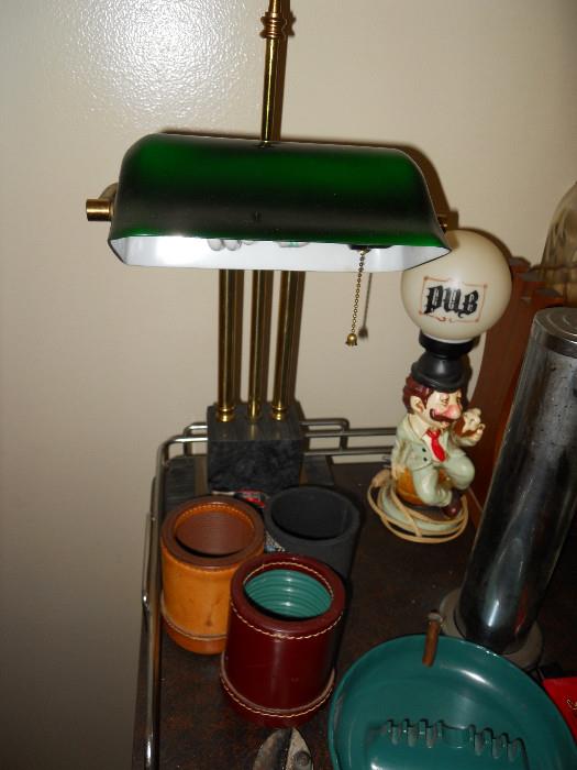 Bar - Marble Portable Brass Lamp, Green Shade, Vintage Green Ash Tray, Dice Cups (3)