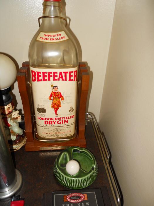 Bar Item - Imported from England Beefeater Dry Gin Glass - In Wood Frame - Kips Over, One Gallon, Vintage Golf Ash Tray - 3 holes
