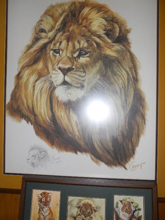 Prolific Original Drawing Framed of Magnificent Lion - signed by original artist "Clancy" - 3 Lion Cubs Miniatures Drawings, Framed, signed by original artist, "Clancy"