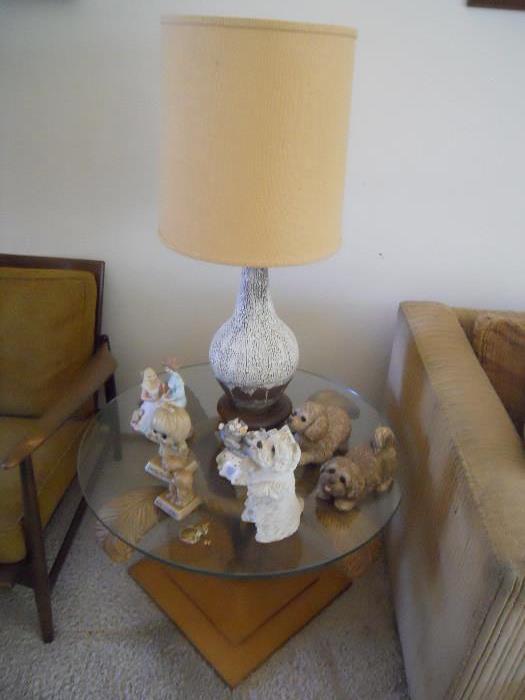 Table Round Glass - 2plus Feet in Diameter w/Faux Wood Stand, Several Dog Collectibles, Lamp Lynard of California, Culver City - Living Room