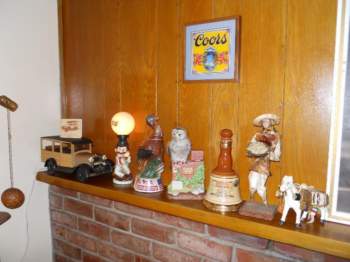 Coors Bar Sign, Vintage Pub Light, Jim Beam Whiskey Collectable Bottles, Woodie Car, Mexican Paper Mache Figure, Donkey carrying Tequila