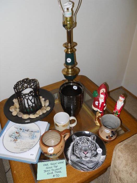Oak and Glass Table with under Wire, Lamp Brass, Fountain with Candle, Collectible Christmas Candle Santas, Tiger Plate, Christmas Plate, Pottery Mugs, Barbara Streisand Mug