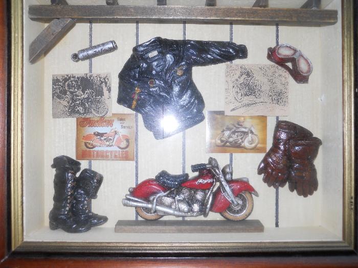 Harley Motorcycle Collectibles in Frame, Handmade, really adorable.