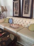Extra long formal sofa; antique framed sketching of ladies; Asian chest