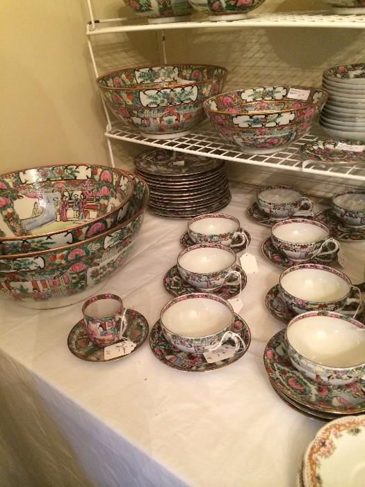           Many pieces of Famille Rose china
