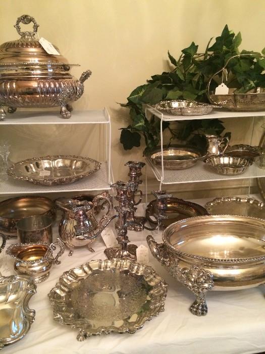 Wide variety of silver plate and sterling serving pieces