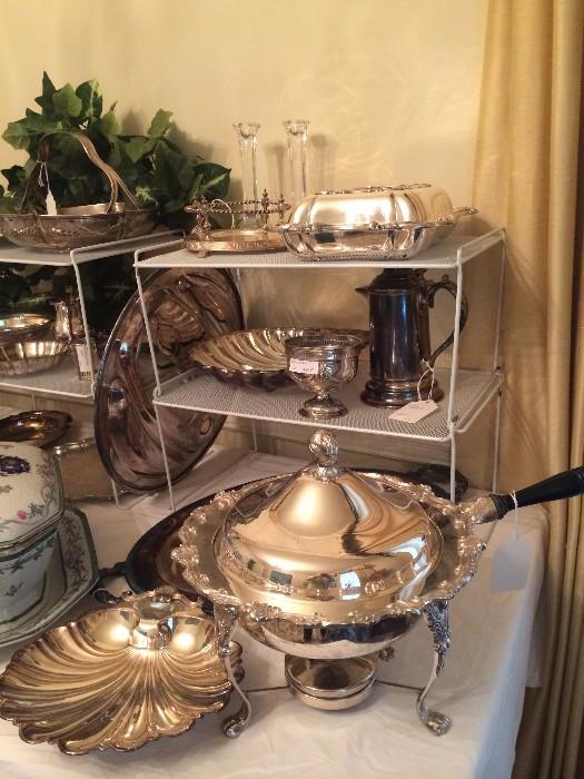      Many silver plate and sterling serving pieces