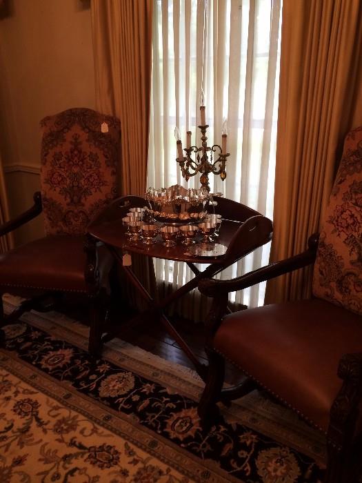 Butler's tray table; silver plate punch set; candelabra lamp; two more of the 6 formal dining chairs