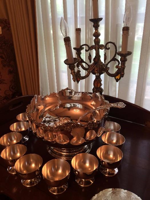       Lovely silver plate punch set; candelabra light
