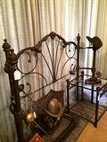 Swords, shield, & helmet; iron queen bed & side table