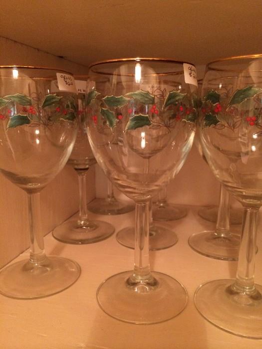   Christmas glasses with holly leaves & berries