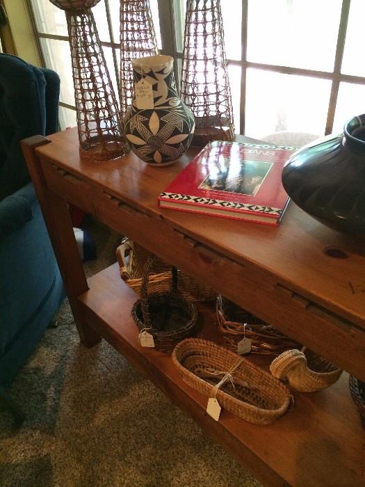 Victurino Pottery; book on Native Americans; misc. baskets on 2 level sofa table