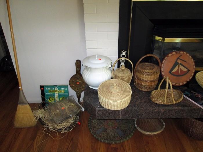 Old Broom--Mix of Indian baskets and other baskets--Chamber Pot