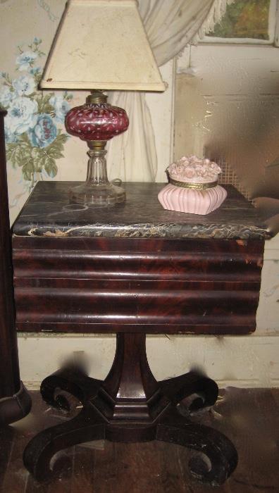 Empire marble top bed side table, pair of cranberry lamps