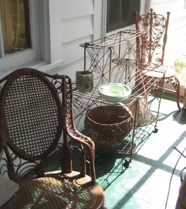iron plant stand, wicker chairs 