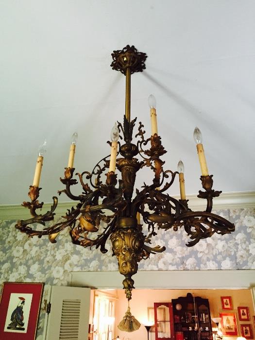 Antique French chandelier, 9 lights. Approx 30" w x 42" to ceiling. 