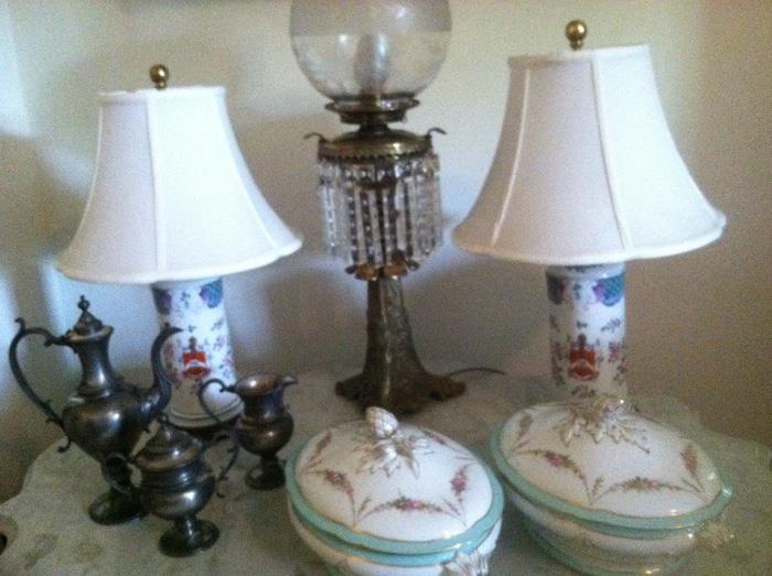 pair of Sampson armorial lamps, antique Astral lamp, tureens marked J Mansard, Paris,  old Reed & Barton tea service 