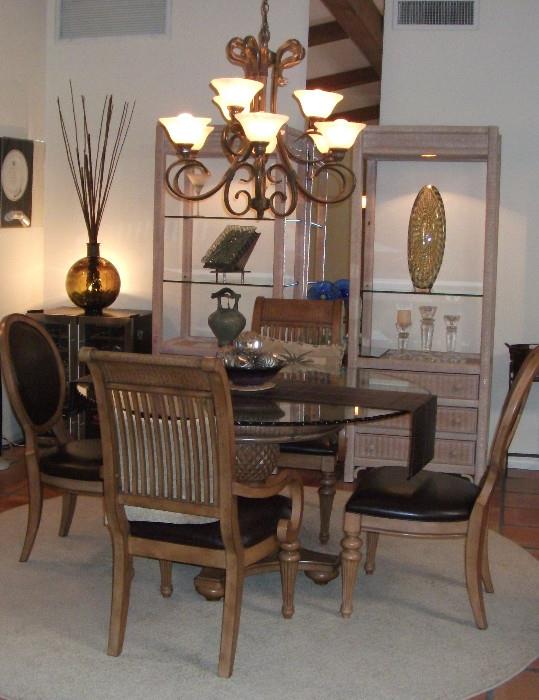 custom pineapple glass dinette table with 2 pairs of armchairs, two wickers etaecher rustic withe lacquered,