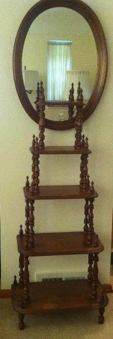VICTORIAN 5 TIER SHELF AND OVAL MIRROR
