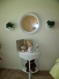 Wicker 1/2 moon table, wicker mirror and sconces